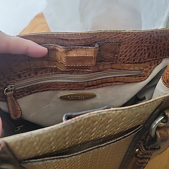 Brahmin Brown Tan Alligator Trim Double Handle Bucket Handbag Purse - Picture 14 of 16